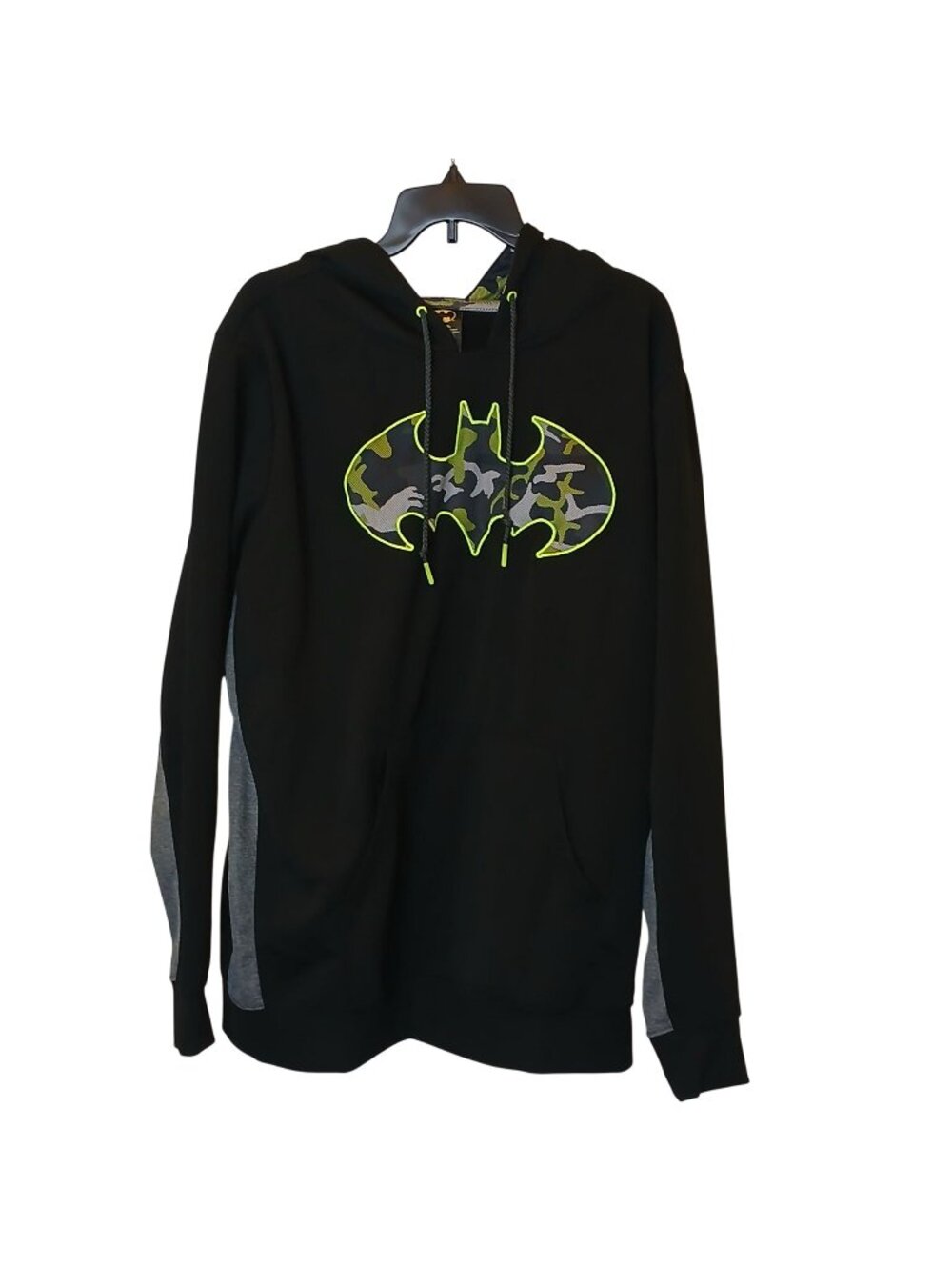 Batman Mens XL  Logo Hoodie Black Gray W/ Camo Neon Green #D-26